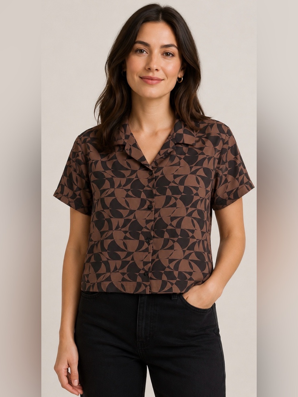 Geometric Print Short-Sleeve Button-Up Top in Brown and Black